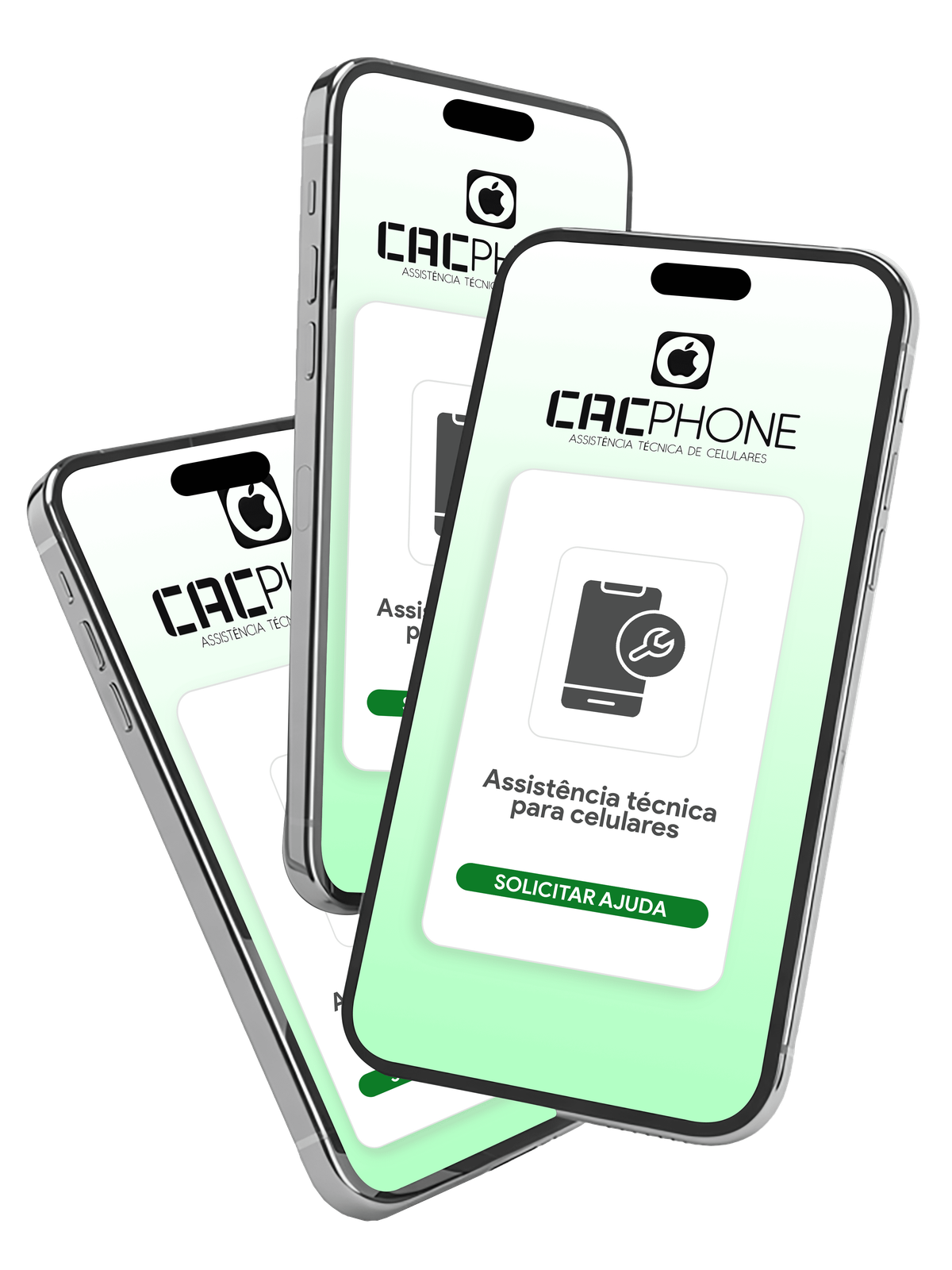 Três celulares exibindo a tela da CAC Phone, assistência técnica de celulares